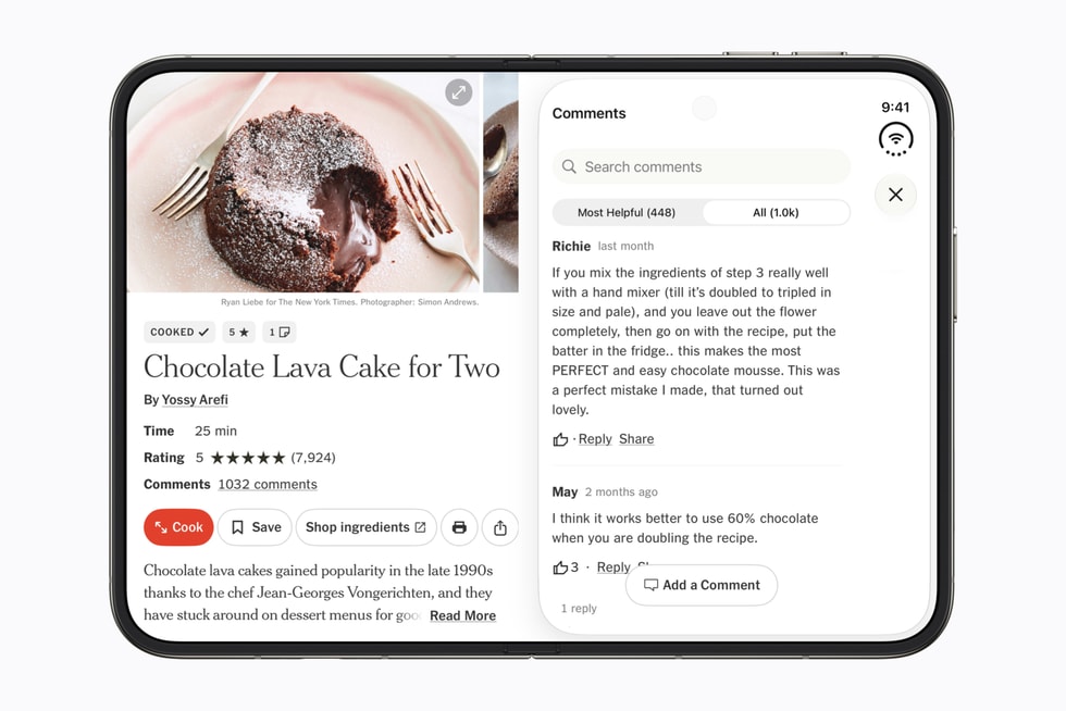 NYT Cooking on the fully opened iPhone Duo display.