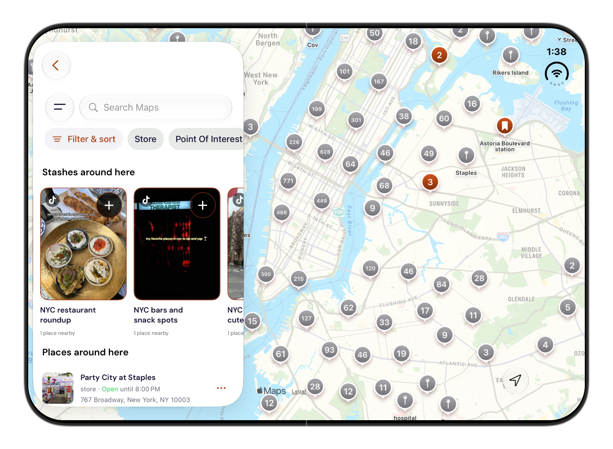 Stasht's map browsing screen in an iPhone Duo device frame, showing nearby stashes and places beside a New York map.
