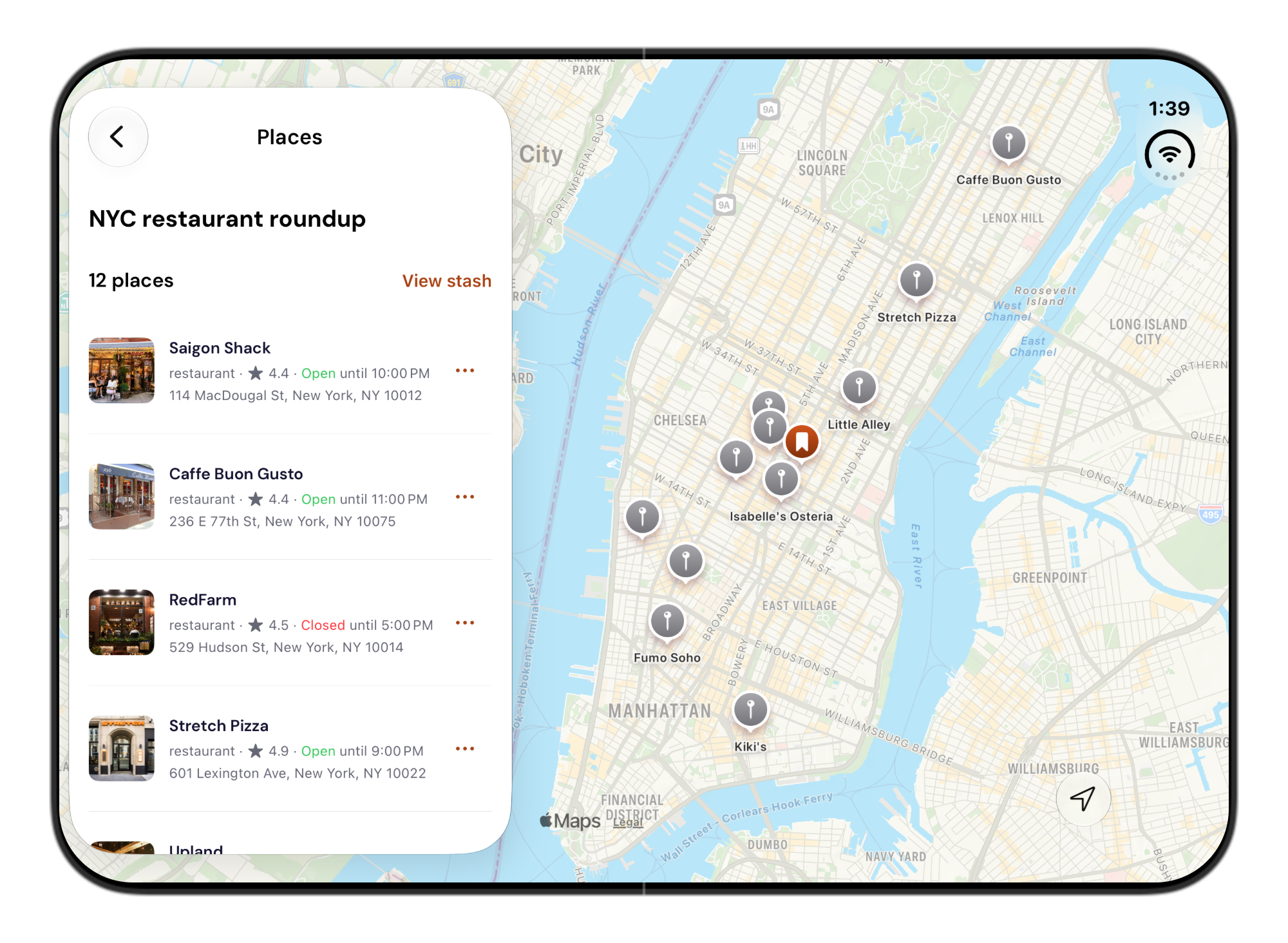Stasht on iPhone Duo showing a restaurant list beside a map of Manhattan.