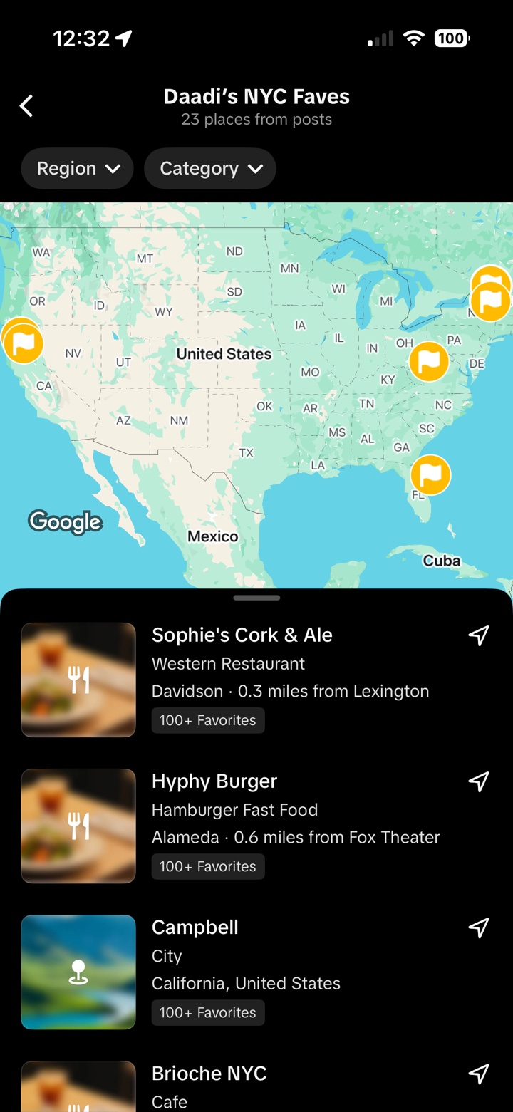 TikTok collection page showing a Places from posts map view with restaurants pulled from saved videos