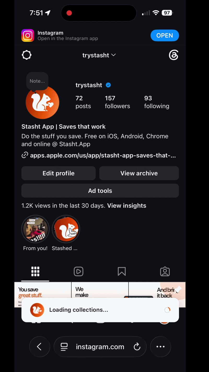Demo showing the Stasht Safari extension saving from the browser